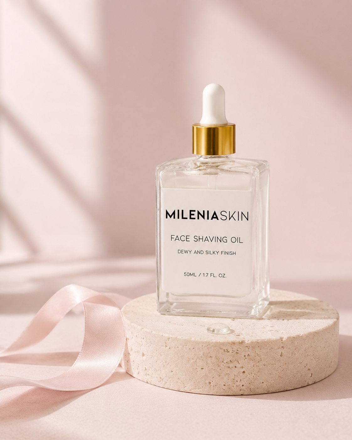 Face Shave Oil -pullo vaaleanpunaisella taustalla